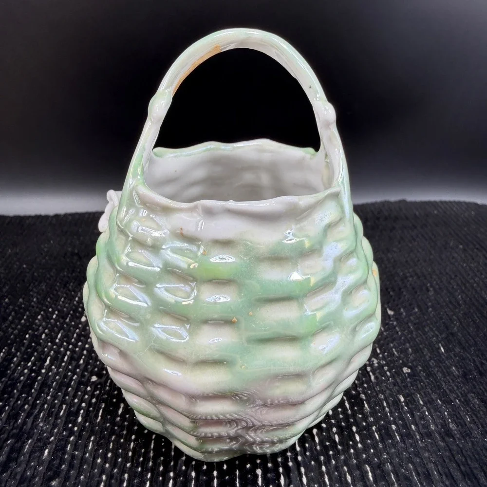 Vintage Germany Miniature Porcelain Flower Basket White Rose Figurine Delicate‎